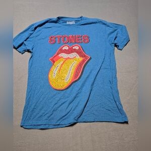 The Rolling Stones Blue Shirt with Red and Yellow Logo EUC PTP 23